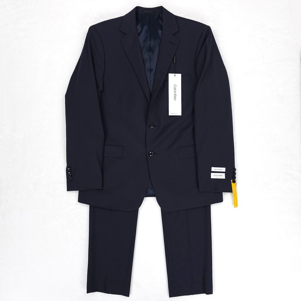 Calvin Klein Mens Skinny Fit 2 Piece Suit 44R 34x32 Navy Blue Solid Stretch Wool